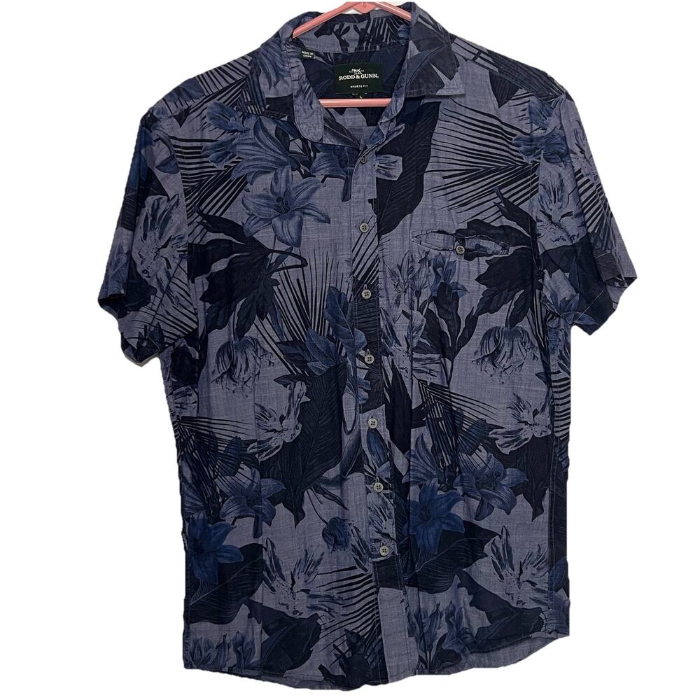 Rodd & Gunn Shirt Mens Size L BLue Floral Short Sleeve Button Cotton Sports Fit